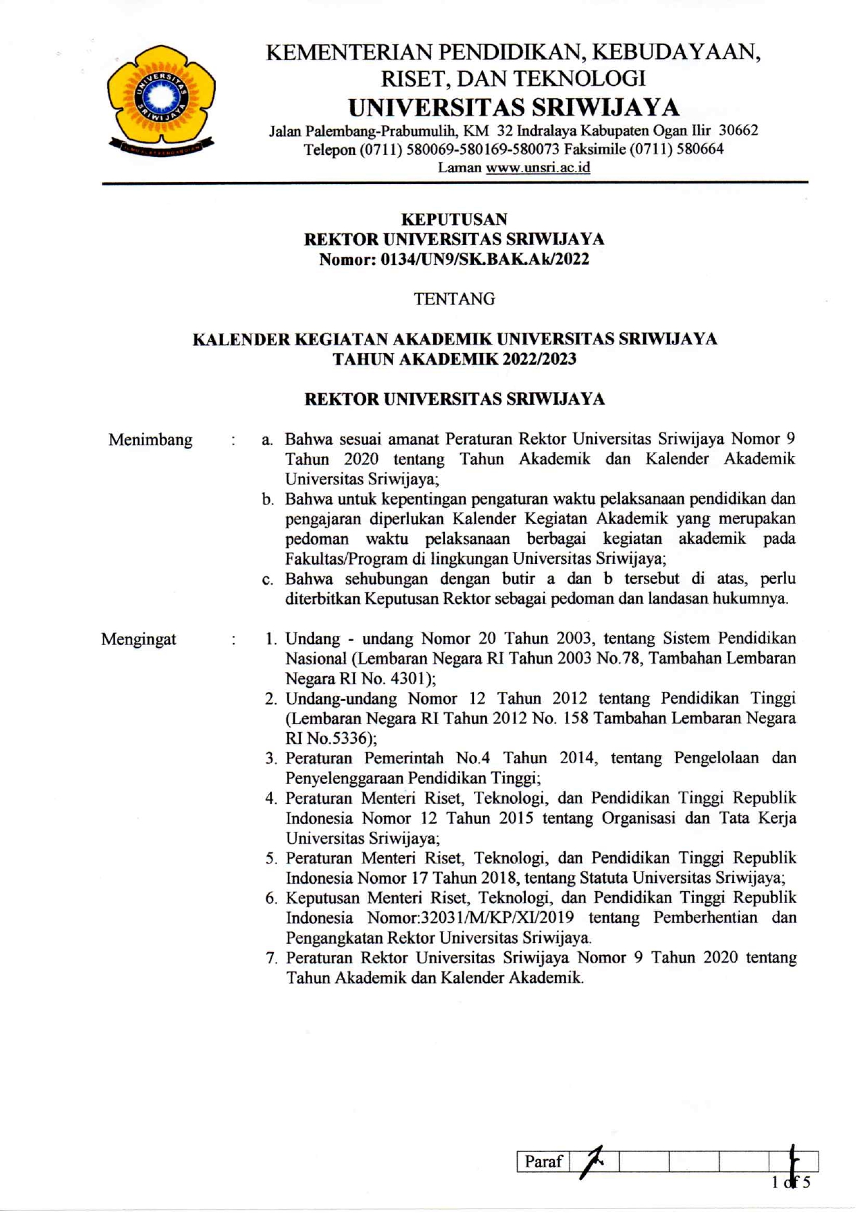 FKM UNSRI | News Kalender Akademik Unsri Tahun Akademik 2022-2023